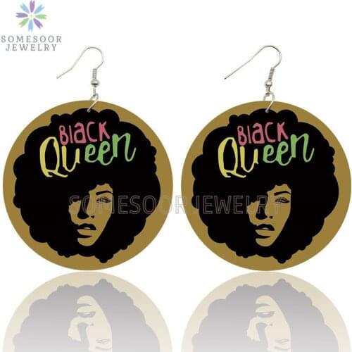 SOMESOOR Black Queen Afro Natural Hair Wooden Drop Earrings Both Sides Printed African Ear Loops Dangle Jewelry For Women Gifts