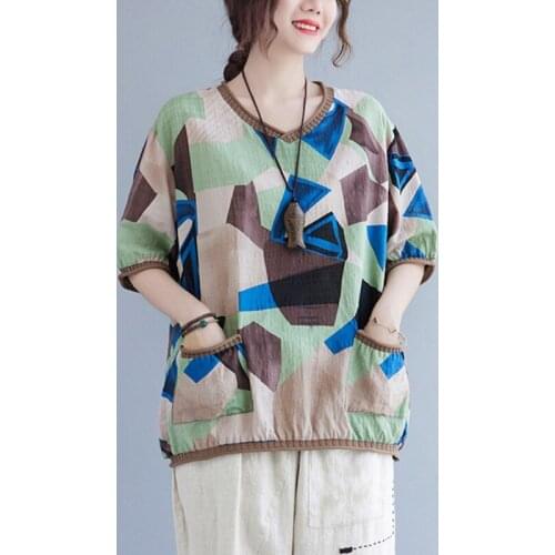 Women Summer Cotton Casual T-shirts New Arrival 2021 Simple Style Vintage V-neck Print Loose Female Short Sleeve Tops Tees B077