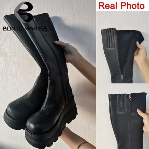 Ladies fashion platform boots chunky heel wedges mid calf women boots casual brand thick bottom winter shoes woman