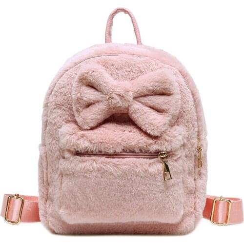 Bow Plush Women Backpacks Soft Fluffy Bags Faux Fur Shoulders Bag Cute Furry Women Bags New Winter Bags Mini Girl Backpacks