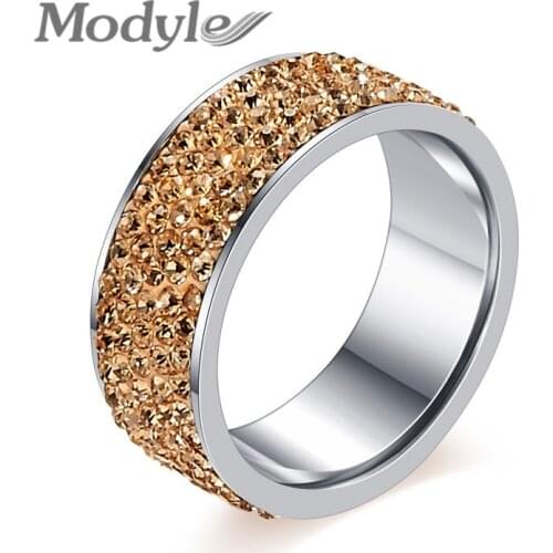 Modyle New Fashion 316L Stainless Steel Five Row CZ Crystal Ring for Women Cubic Zirconia Jewelry Christmas Gift