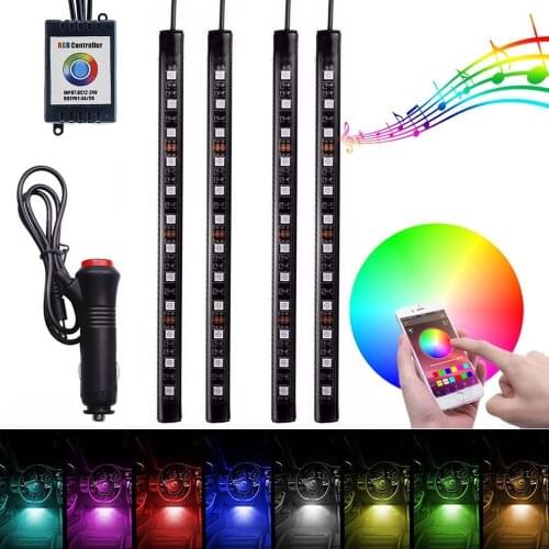 4pcs 12LEDs Multi-Color LED Car Interior APP Music Control RGB Underdash Neon Strip Lighting Kit