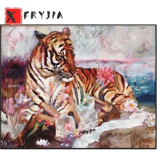 5d diy painting full square round drill Tiger girl lotus diamond painting mosaic embroidery diamond cross stitch home decoration