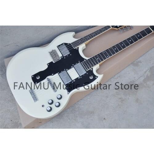 Free shipping custom in advance double neck milk yellow 1275 electric guitar,6 strings and 8 strings guitar,chrome buttons