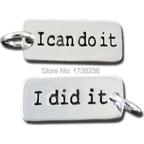 Eco friendly metal antique silver tone alloy rectangular stamped i can do it i did it message charm
