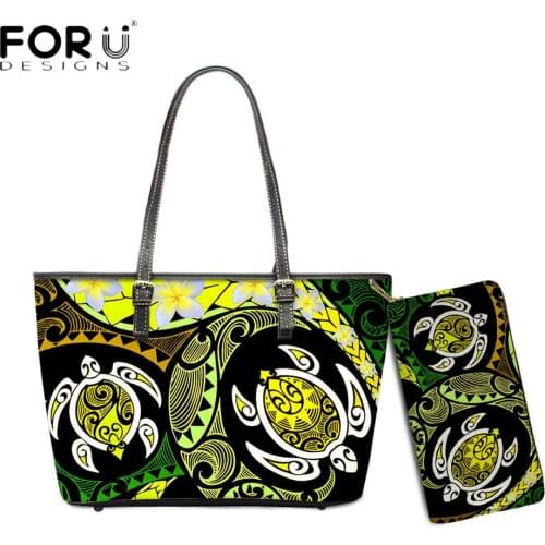 FORUDESIGNS Vintage Pu Leather Shoulder Bag For Women Maori Turtle Polynesian Tribal Plumeria Printed Lady Party Handbags Purse