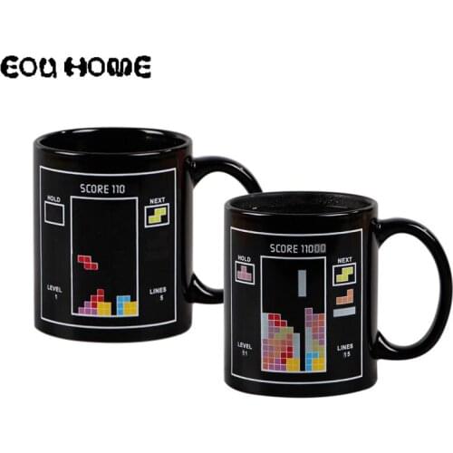 1Pce Classic Tetris Pattern Color Changing Mugs Discoloration Cup Heat Sensitive Ceramic Coffee Milk Mug Surprise Gift Magic Cup