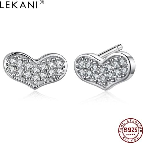 LEKANI Romantic Heart 925 Sterling Silver Stud Earrings For Women Full 5A Clear Cubic Zirconia Earring Anniversary Fine Jewelry