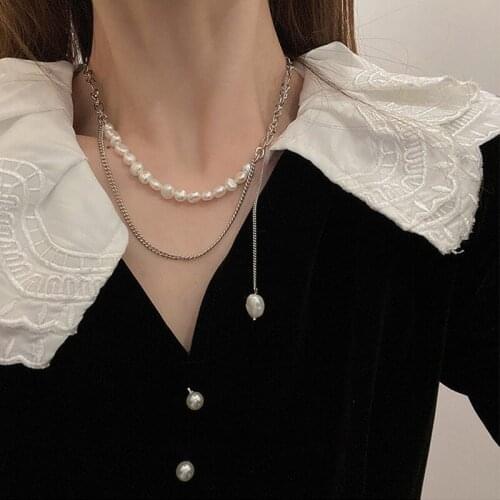 Statement Double Layer Asymmetry Freshwater Pearl Pendant Necklace for Women Textured Hollow Chunky Chain Necklace Jewelry