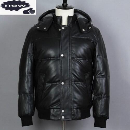 Mens Genuine Jacket Sheepskin Thick Short Hooded Winter Casual Real Leather Down Coat men
