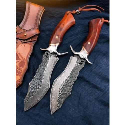 Damascus steel round wooden handle outdoor hunting knife high hardness forging straight blade li gifts knives EDC tools
