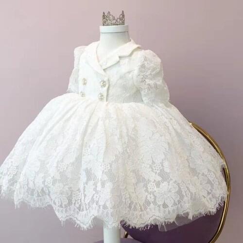 Turn-Down Collar Baby Girls Dress 1st Birthday Wedding Party Kids Dresses For Girls Lace Baby Baptism Christening Ball Gown