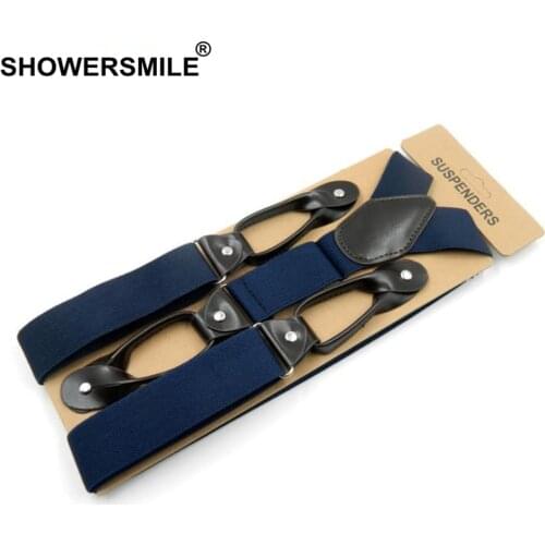 SHOWERSMILE Button Suspenders Wide MenS Braces Solid Navy Leather Vintage Pants Strap Mens Belt For Trouser 120 3.5cm