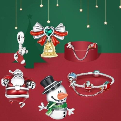S925 silver original Christmas Beads Santa Claus Snowman charm fit pan Sterling silver bracelet pendant women gift DIY jewelry