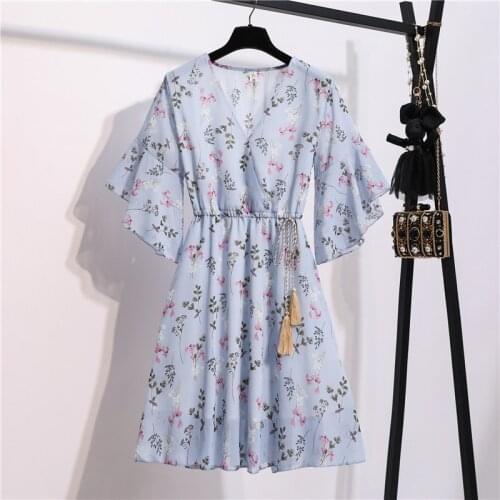 2021 Spring Summer Womans Floral Print Dress Chiffon Ladies Knee Length Dress V-Neck Butterfly Sleeve A-Line Female Dresses
