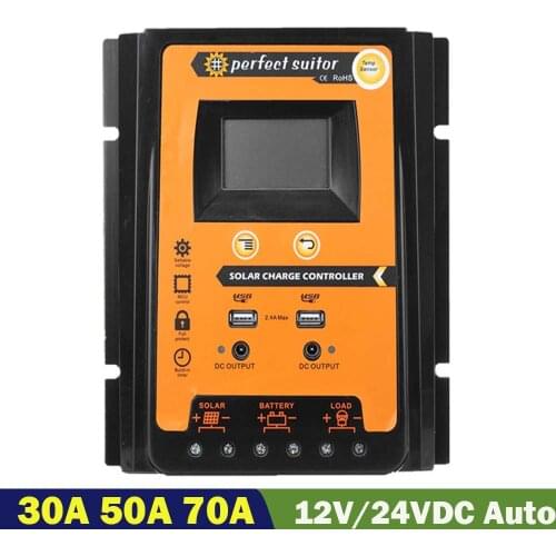 PWM 30A 50A 70A 12V 24VDC Auto Solar Charge Battery Regulator Controller with Dual USB output LCD Display Solar Panel System