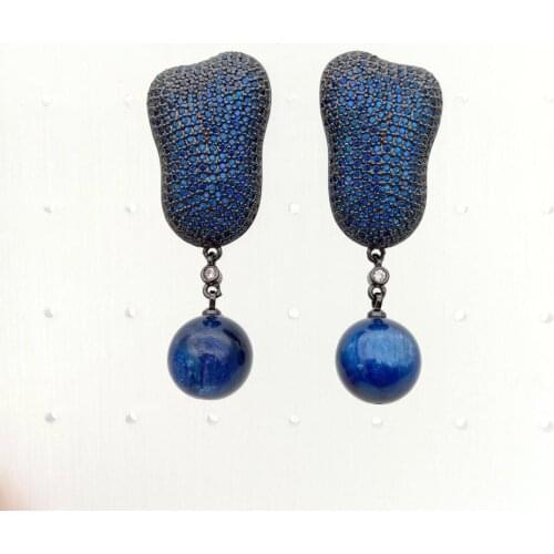 YYGEM Natural kyanite Gunmetal Colbalt Cz Micro Pave Stud Drop Earrings