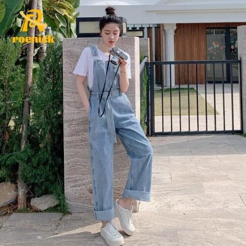 ROENICK Women Spring Waist Denim Jumpsuits Basic Washed Blue Overalls Female Casual Office Lady Elegance Long Trouser Rompers