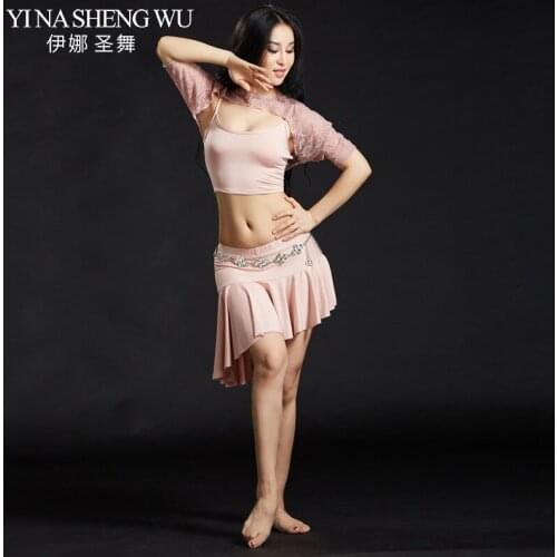 Sexy Belly Dance Practice Set Short Sleeves Clothes 3pcs Set Top and Skirt Lace Jacket Modal Dancewear Women Costume Belly Dance