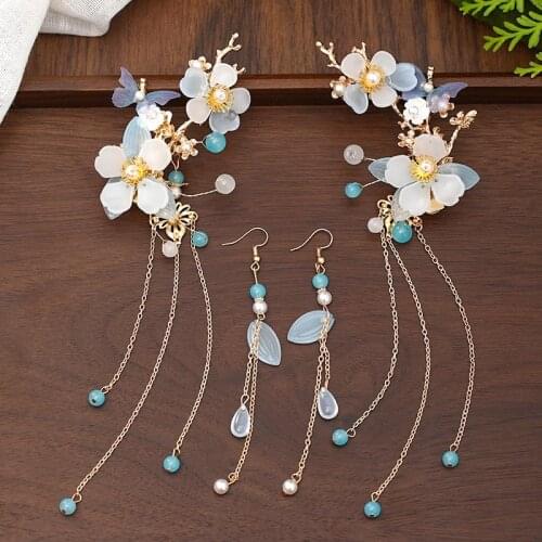 FORSEVEN Flower Pearls Crystal Beads Long Tassels Hairpins Earrings Women Girls Chinese Wedding Hanfu Dress Decor Jewellry Sets