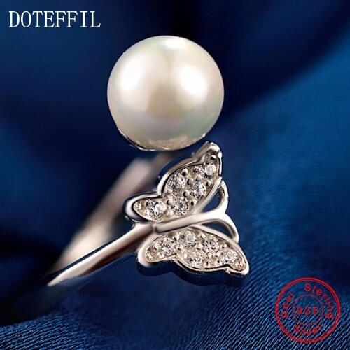 8mm Pearl Ring 100% Sterling Silver Woman Charm Fashion Butterfly Ring Romantic Jewelry