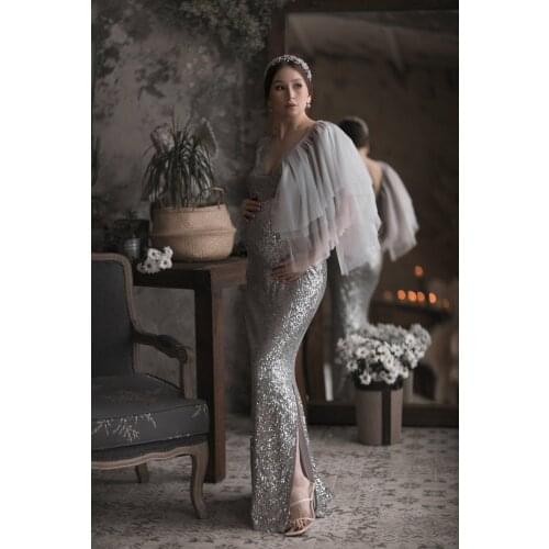 Chic Sequined Straight Long Maternity Dress For Photoshoot Babyshower One Shoulder Ruffles Tulle Gray Bridal Gowns Women Dress