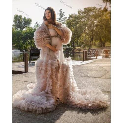 Ladies Fancy Fluffy Robe Multilayer Tulle Spike Flower Half Sleeve Evening Dress