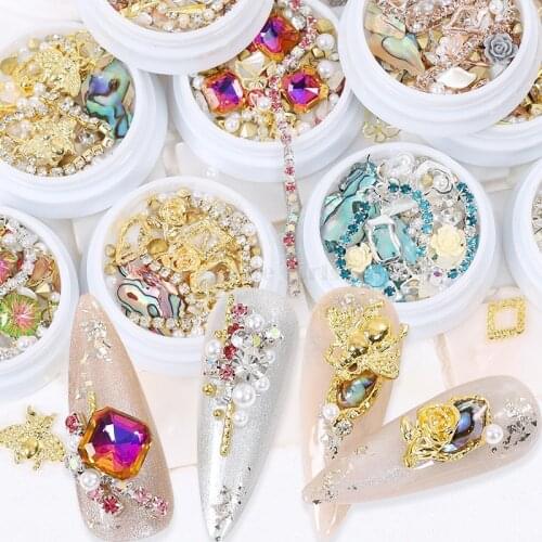 1 Jar Mix Metal Bee Stud Butterfly Heart Chains Pearls 3D Rose Jewel Ornaments Nail Art Rhinestones Decoration DIY Manicure Tips