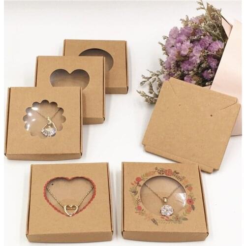 50Sets Brown Jewelry Packaging Boxes Clear PVC Window Necklace Earring Displays Boxes Jewelry Set Paper Gift Boxes