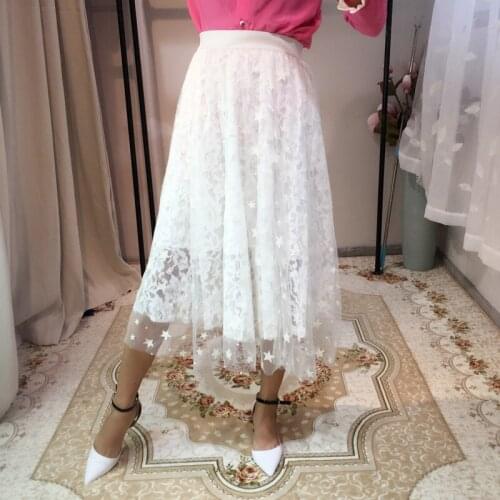 White lace mesh Star pattern A-Line Mid-Calf Half skirt new spring and summer of 2018 High quality holiday skirts fashion sweet