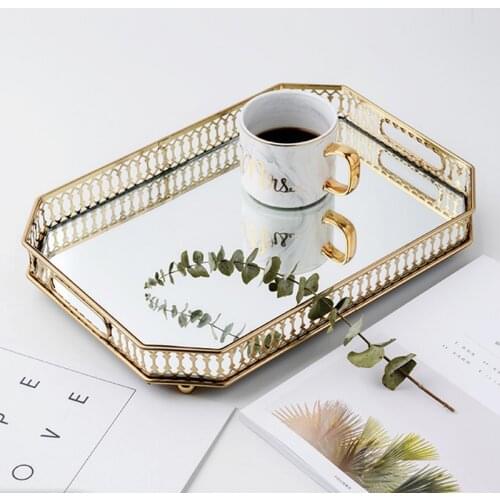 European Mirror Iron Tray Home Living Room Decorative Snack Fruit Dessert Display Plate Round Rectangle Cosmetic Storage Tray