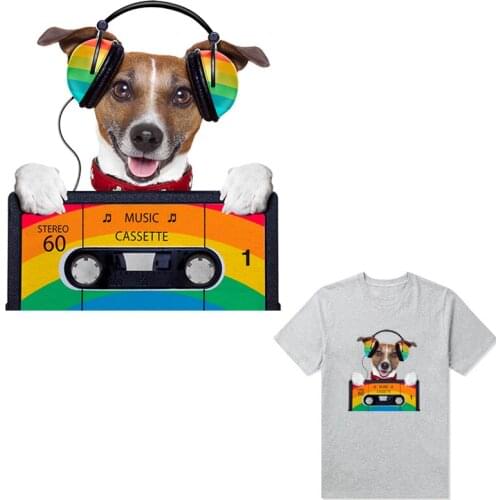 Cassette Tape And Dog Applique Clothes Heat Trasnfer Print On T-Shirt Clothes Decoration Washable Diy Accessory Custom Patch