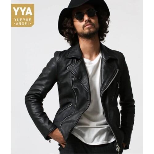 Top Brand Classic Mens Slim Fit Sheepskin Genuine Leather Jacket Biker Zipper Punk Short Coat Motorycle Chaqueta Cuero Hombre