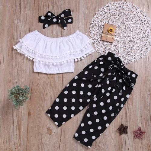 Summer Baby Girl Clothing Set Casual Short Tops T-shirt + Dots Print Black Pants + Headband 3PCS Suit 2-6 Y Girl Clothes Set