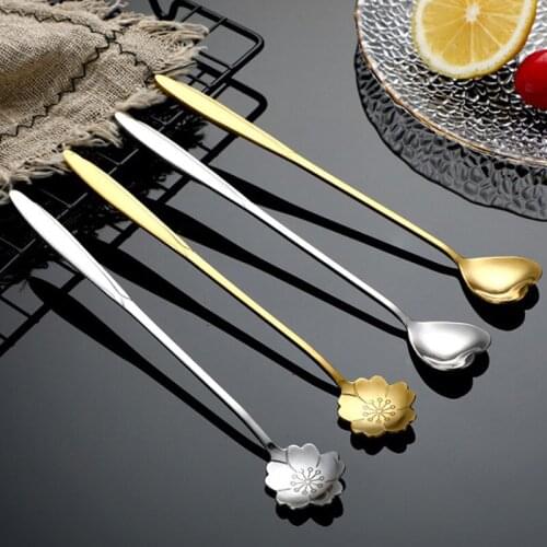 Mixing Spoon Teaspoons Drink Tableware Long Handle Cream Spoon Flower Shape Spoon Stainless Steel Dessert Tea Coffee