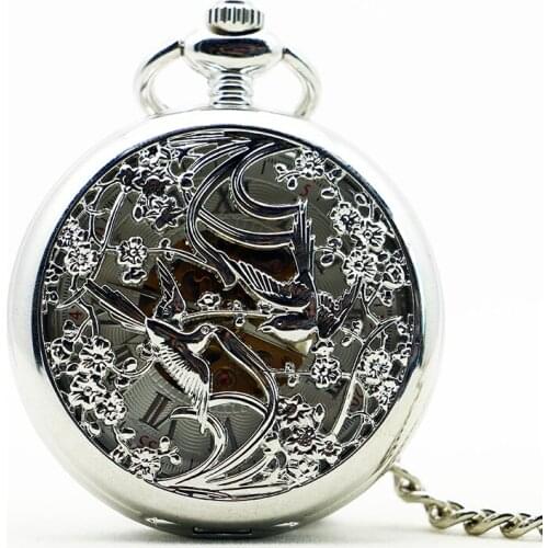 Silver Shield Pattern Round Dial Mechanical Pocket Watch Casual Antique Fob Watch For Men Women
