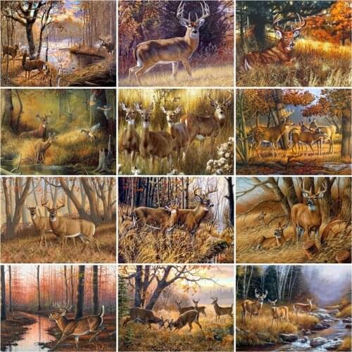 Full Square Round Drill Diamond Painting Kits Animal Deer Diamond Embroidery Mosaic Forest Landscape Mosaic 5D Diy Wall Decor
