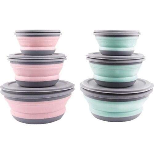 6Pcs Bowl Sets Lunch Box Folding Bowl Portable Silicone Bowl Foldable Salad Bowl with Lid, 3Pcs Pink & 3Pcs Blue CNIM Hot