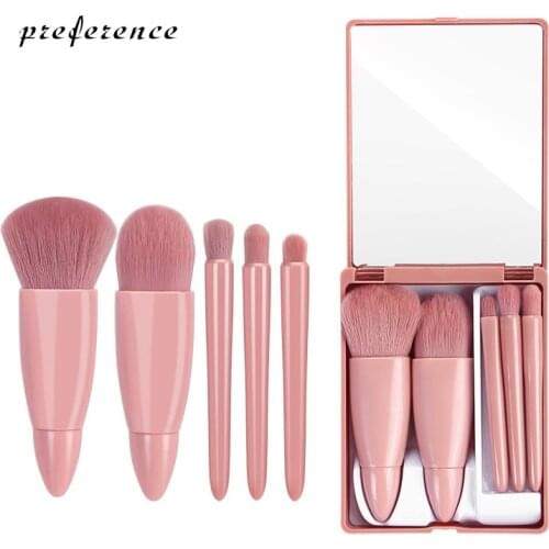 5Pcs Makeup Brushes Set Portable Multi-Function Set With Mirror Soft Hair Loose Powder Brush Blush Foundation Eye Shadow Brush
