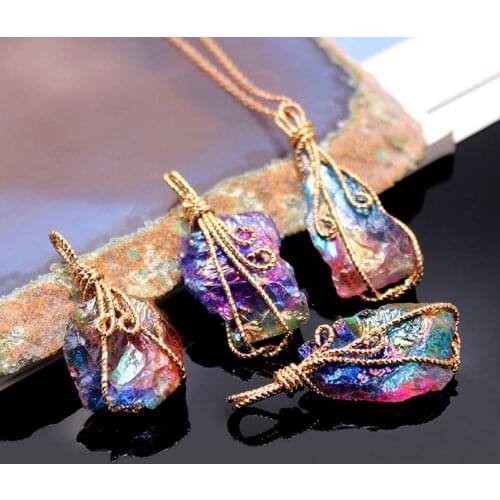 Natural Rainbow Stone Necklace Healing Crystal Rock Quartz Pendant Birthstone Gold Plated Full Wire Wrap Jewelry 18inch Chain