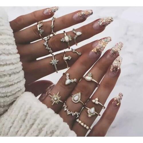 Bohopan 16PCS/Set New Arrival Trendy Gold Color Ring Set Exquisite Rhinestone Rings For Women Mixed Style Wedding Party Rings