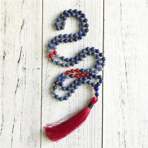 108 Mala Beads Necklace Matte Lapis Lazuli Knotted Necklace Red Tassel Necklaces Prayer Jewelry Meditation Jewelry