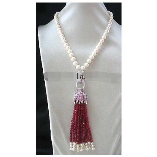 Freshwater pearl white round 9-10mm &red leopard necklace 18"