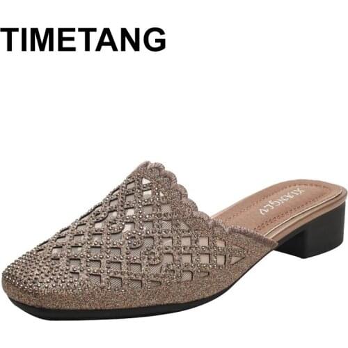 TIMETANGWomens Baotou Sandals Summer New Outer Wear Mesh Breathable Rhinestone Mid-heel Slippers Female Square head Sandals