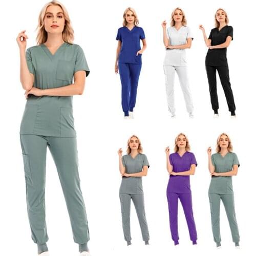 Men & Women Short Sleeve V-neck Top+Pant Nursing Working Uniform Set Suit Health Workers Workwear Protect Uniform Clothes 2021