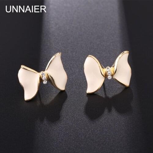 UNNAIER fashion sweet romantic Dripping oil white Bow Earrings Female Prevent allergy Rhinestone Ear jewelry
