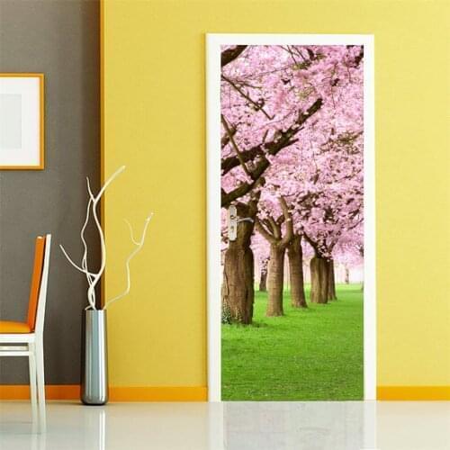 Cherry Blossoms Door Mural DIY Self-adhesive Vinyl Wallpaper Bedroom Living Room Wall Sticker Art Decals Home Decor deursticker