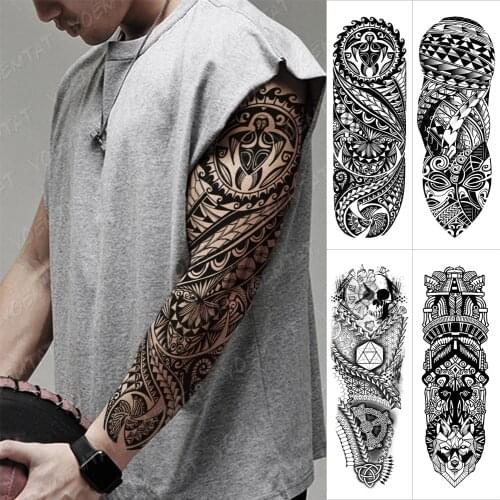 Waterproof Temporary Full Arm Tattoo Sticker Maori Totem Skull Tribal Adult Flash Tattoos Female Body Art Fake Sleeve Tatto Male