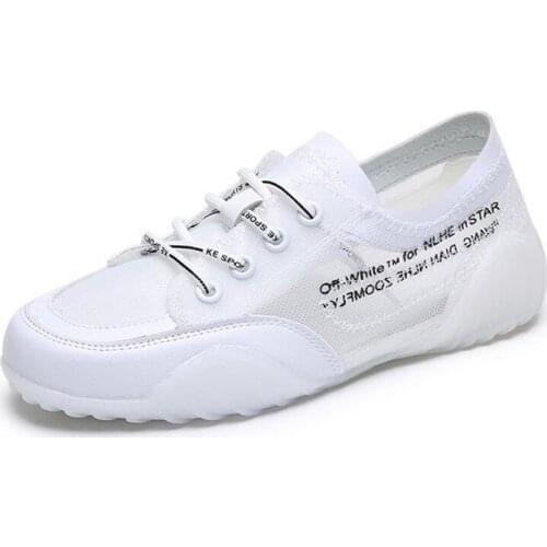 Ladies white shoes new net upper fashion casual shoes lacing non-slip comfortable flat shoes