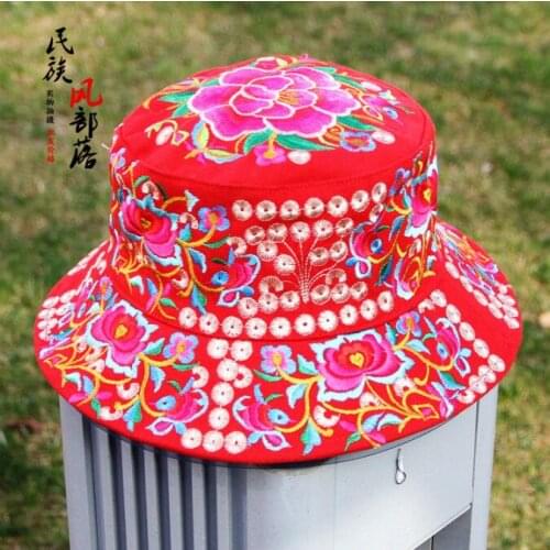Chinese ethnic hat Bucket Women Embroidery cap Summer
